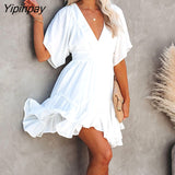 Yipinpay Women Solid V-Neck Short Sleeve Fit & Flare Ruffle Dress Summer Party Dress