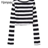 Yipinpay Women Striped Knitted Tops+Mid-Calf Sheath Skirts Sets 2023 Spring Autumn 2 Pcs Elegant Long Sleeve Casual O-neck Sweater