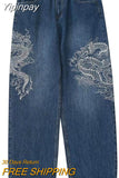 Yipinpay Vintage High Street Blue Embroidered Dragon Pattern Women Jeans Y2K Harajuku Style Hip Hop Popular High-Waisted Jeans