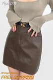 Yipinpay Pu Leather Skirts For Women Sexy Korean Fashion High Waisted Stretchy Mini Short Skirt Faux Leather Dark Brown Female 2024