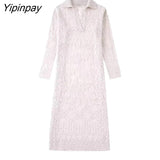 Yipinpay Autumn Women Jacquard Mesh Knit Dresses 2023 Elegant Ladies POLO Collar Mid-Calf Dresses Long Sleeve Soft Vestidos