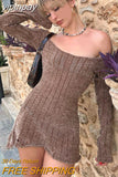 yipinpay Dress Long Sleeve Dress Aesthetics Ribbed Brown Y2K Dress Fall Outfits Women Solid Bodycon Streetwear Knitted Dress