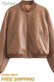 Yipinpay TRAF PU Leather Bomber Jacket for Women 2023 Vintage Stand Collar Front Zipper Short Coat Ladies Long Sleeve New Outerwear
