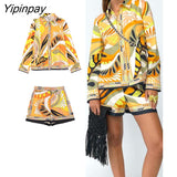 Yipinpay 2023 Summer Women 2PCS Print Blouses+Skirts Set New Turn Down Collar Long Sleeve Tops High Waist Dress Girl Outfits