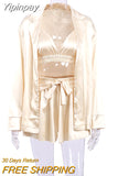 Yipinpay Satin 3 Pieces Women Long Sleeve With Shorts Sexy Suit Lapel Top And Corset Top 3 Pieces Female Home Set Lounge Wear