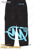 Yipinpay Pop Gothic Letter Printing Loose Cargo Pants Men's Fashion Street Wear Multi-Pocket Overalls Y2K New Hip-Hop Casual Pants