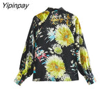 Yipinpay Vintage Women Floral Printed Bow Blouses 2023 Fashion O-neck Spring Autumn Causal Long Sleeved Thin Tops Pullover T-Shirts