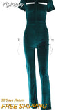 Yipinpay Green Zipper Velvet Jumpsuits For Women Short Sleeve Wide Legs Jumpsuit 2023 Autumn Femme Turn-down Collar Sexy Outfits