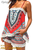 Yipinpay Women Vintage Printing Pants Suit Spaghetti Strap Fringed Camisole And Loose Fit Shorts Casual Everyday Wear Hot S-XL