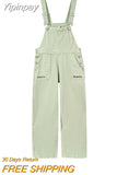 Yipinpay Green Denim Overalls Pant for Women Y2k Streetwear Baggy Pocket Jeans Straight Bib Denim Rompers Trousers Korean Ladies