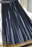 Yipinpay Spring Summer Women's Midi Pleated Skirts Belt Satin Vintage Elastic High Waist Plain Skirt Lining Korean A-line Skirt