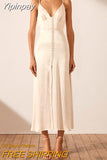Yipinpay Satin Silk Spaghetti Strap Maxi Dress Women Backless Slit Sundress Summer Boho V Neck Buttons Long Dress for Lady Party