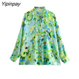 Yipinpay Fashion Women Floral Print Shorts Shirts Sets 2023 Summer Causal Single Breasted Bow Tops A-Line Side Zipper Short Pant