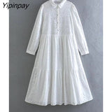 Yipinpay Elegant Women Hollow Out Mid-Calf Dresses Fashion Embroidery Long Sleeve Dresses Solid Single Breasted A-line Vestidos