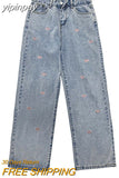yipinpay Women's Jeans Vintage Heart Shaped Embroidery Streetwear High Waist Wide Leg Pants Baggy Harajuku Straight Denim Trouser