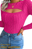Yipinpay Winter Cutout Knit Sweaters Clothes for Women 2023 2023 Vintage Long Sleeve Cable Knit Round Neck Slim Cropped Sweaters