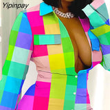 Yipinpay Women Long Sleeves Turn Down Collar Plaid Pattern Button Lace Patchwork Mini Dress Tops