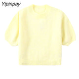 Yipinpay Ladies Autumn Solid Knitted Soft Sweater 2023 Fashion O-neck Pullover Tops Short Sleeve Pink And Yellow Casual Streetwear