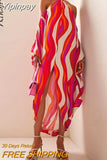 Yipinpay Stripe Printed Halter Dresses Summer Women Sexy Off Shoulder Lace Up Split Dress Elegant Temperament Backless Vestidos