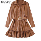 Yipinpay Elegant Women Faux Leather Mini Dresses With Belt Solid Turn Down Collar Dresses Fashion Vintage Long Sleeve Vestidos