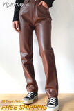Yipinpay Faux Leather Straight-Leg Pants Fall Winter Fashion Women High Waist Button Up Trousers Solid Color PU Pants Streetwear