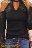 Yipinpay new fashion Casual sexy Tee Contrast Lace Cold Shoulder Long Sleeve Top fall outfits women t-shirts fashion woman blouses