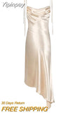 Yipinpay mo Metallic Satin Straps Long Dress Summer Backless Women Asymmetrical Dress Female Elegant Christmas Party Vestidos