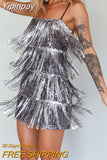 Yipinpay Fashion Womens Summer Casual Sling Dress Silver Sleeveless Backless Sequins Tassel Dress Club Street Style Hot Sale S-XL