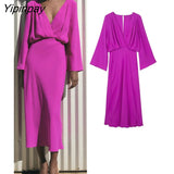 Yipinpay Elegant Women Solid Mid-Calf Dresses 2023 New Summer Fashion Deep V-neck A-line Long Sleeve Vestidos