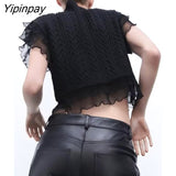 Yipinpay Vintage Women Patchwork Knitted Sweater 2023 Spring Autumn O-neck Sleeveless Solid Pullover Simple Ruffles Vintage Tops