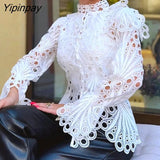 Yipinpay Women Chic Solid Hollow Out Turtleneck Long Sleeves Beading Button Sexy White Blouse Tops