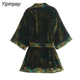 Yipinpay Women Loose Velvet Kimono Blouses WIth Belt 2023 Spring Causal Long Sleeved Tops Printed Fashion V-neck T-Shirts