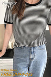 Yipinpay Japan O Neck Short Sleeve Striped Tshirts Women Summer Contrast Tops Clothing Fashion Wild Tees Cotton Y2k Shirt