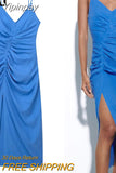 Yipinpay Blue Slip Long Dress Women Ruched Elegant Party Dresses For Women 2023 Backless Sexy Summer Woman Dress Evening Dresses