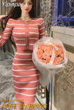 Yipinpay Casual Retro Wild Thin O Neck Long Sleeve Striped Cardigan Knitted Coat Crop Wrap Hip Sexy Spaghetti Strap Dress Mini