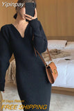 Yipinpay Long White Knitting Dress Women Winter V-Neck Long Sleeve Bodycon Dress Korean Office Lady High Waist Vintage Dress 2023
