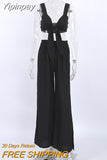 Yipinpay Fashion Black Linen Slit Pants Sets Women 2 Pieces Vacation Outfits Lace-Up Crop Tops Baggy Pant Cotton Suits Summer