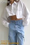 Yipinpay Streetwear Sexy Crop Top Women Autumn 2023 Irregular Pockets Lapel Cropped Shirts Long Sleeve All-Match Casual Tops