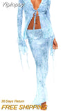 Yipinpay Fashion Womens Two Piece Summer Outfits Tie-Up Front Sheer Mesh Tops And Long Skirt Set Club Party Street Style S-XL