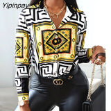 Yipinpay Scarf Print Colorblock Buttoned Shirt Women Long Sleeve Shirt Cotton Blouse
