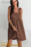 Yipinpay Cotton Linen Casual Dresses Lace Up Summer Vacation Spaghetti Strap Dress Oversize V-Neck Women Backless Dress 2023