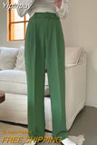 Yipinpay Summer Women Wide Leg Pants Elegant Pleated Casual Korean Loose Baggy Straight Pant Female Black Green Suit Trousers