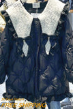 Yipinpay Bow Navy Collar Coat Chaquetas Mujer Women Black Parka Down Coats Ruffled Hem Quilted Cotton Outwear Tops Winter Jackets