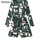 Yipinpay New Spring Summer Women Print Dresses 2023 With Belt Fashion Elegant O-neck Dresses Long Sleeve Mini Street Vestidos