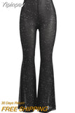 Yipinpay Women Fashion Flare Pants Sequins Mesh Perspective Personality Trousers Spring Summer Wide-Leg Long Pants Skin Friendly