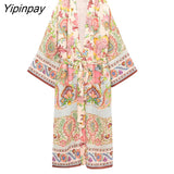 Yipinpay 2pcs Summer Women Kimono Style Shirts+Trousers Suit Floral Printed X-Long Drawstring Blouse Set Female Pant Casual Clothes