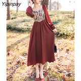 Yipinpay Autumn Women Dress Vintage Party Dress Patchwork Long Red Dresses French Style Retro Female Bing 2023 HOT