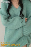Yipinpay Winter Knitted Sweaters Women Oversized Simple Loose V-neck Pullovers Korean Fashion Solid Jumpers Tops Female Pull Femme