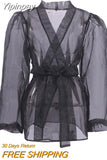Yipinpay Sexy Mesh Perspective Cardigan Tops With Sashes Women Puff Sleeve Party Blouses Y2k Lace Up Thin Female Shirts 2023