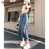 Yipinpay High Waist Split Denim Skirts Streetwear Summer Casual Botton Pocket Midi Jeans Skirts